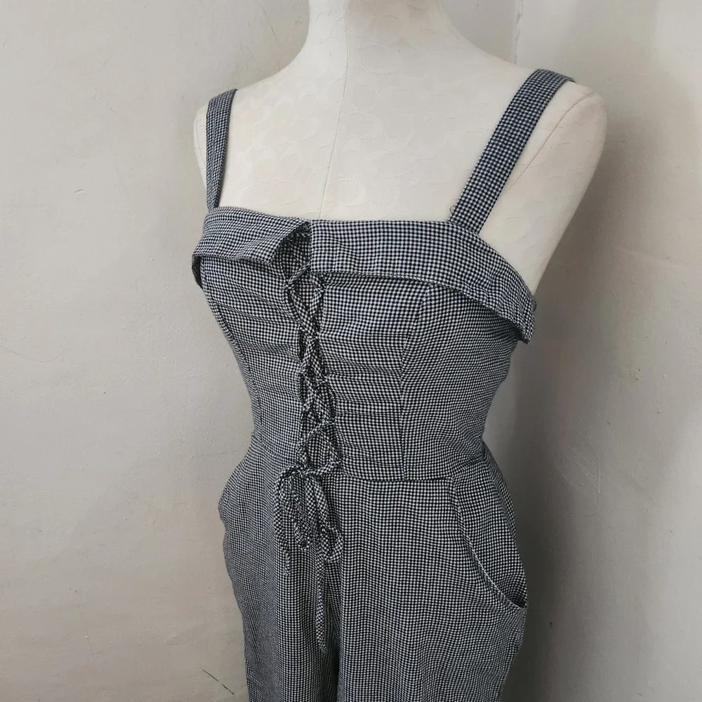 Aeropostale Womens XS Jumpsuit Gingham Black White Lace Up Corset Wide Leg - Picture 5 of 6